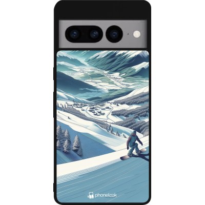 Coque Google Pixel 7 Pro - Silicone rigide noir Snowboarder Montagne