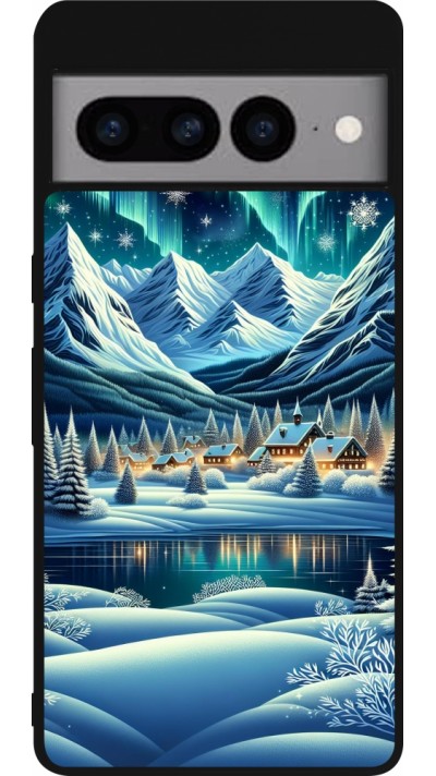 Coque Google Pixel 7 Pro - Silicone rigide noir Snowy Mountain Village Lake night