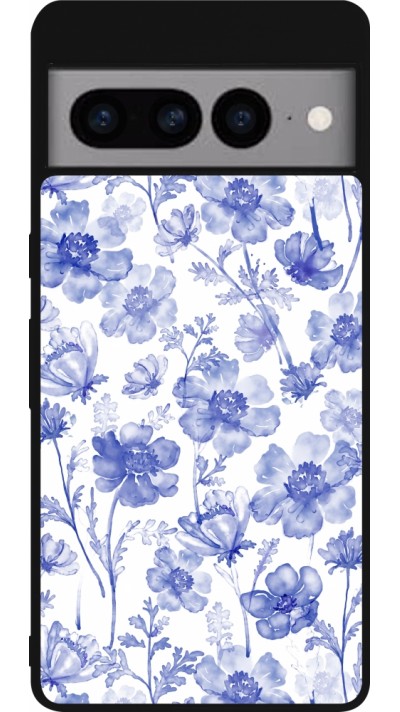 Coque Google Pixel 7 Pro - Silicone rigide noir Spring 23 watercolor blue flowers