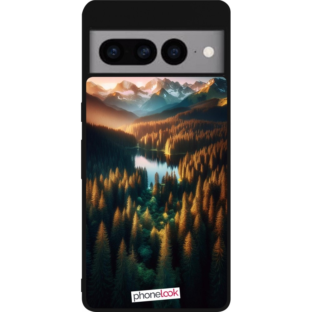 Google Pixel 7 Pro Case Hülle - Silikon schwarz Sonnenuntergang Waldsee