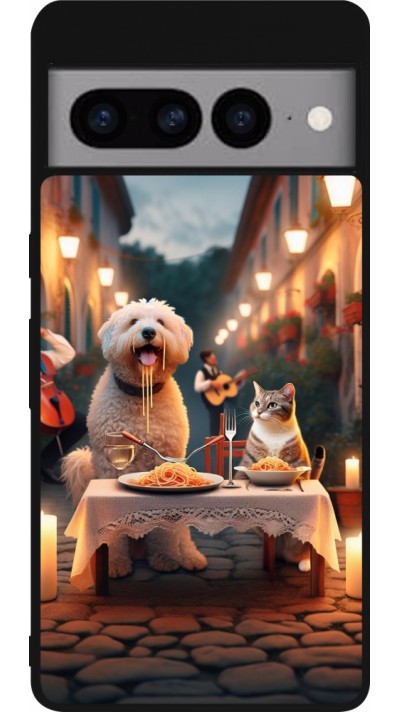 Coque Google Pixel 7 Pro - Silicone rigide noir Valentine 2024 Dog & Cat Candlelight