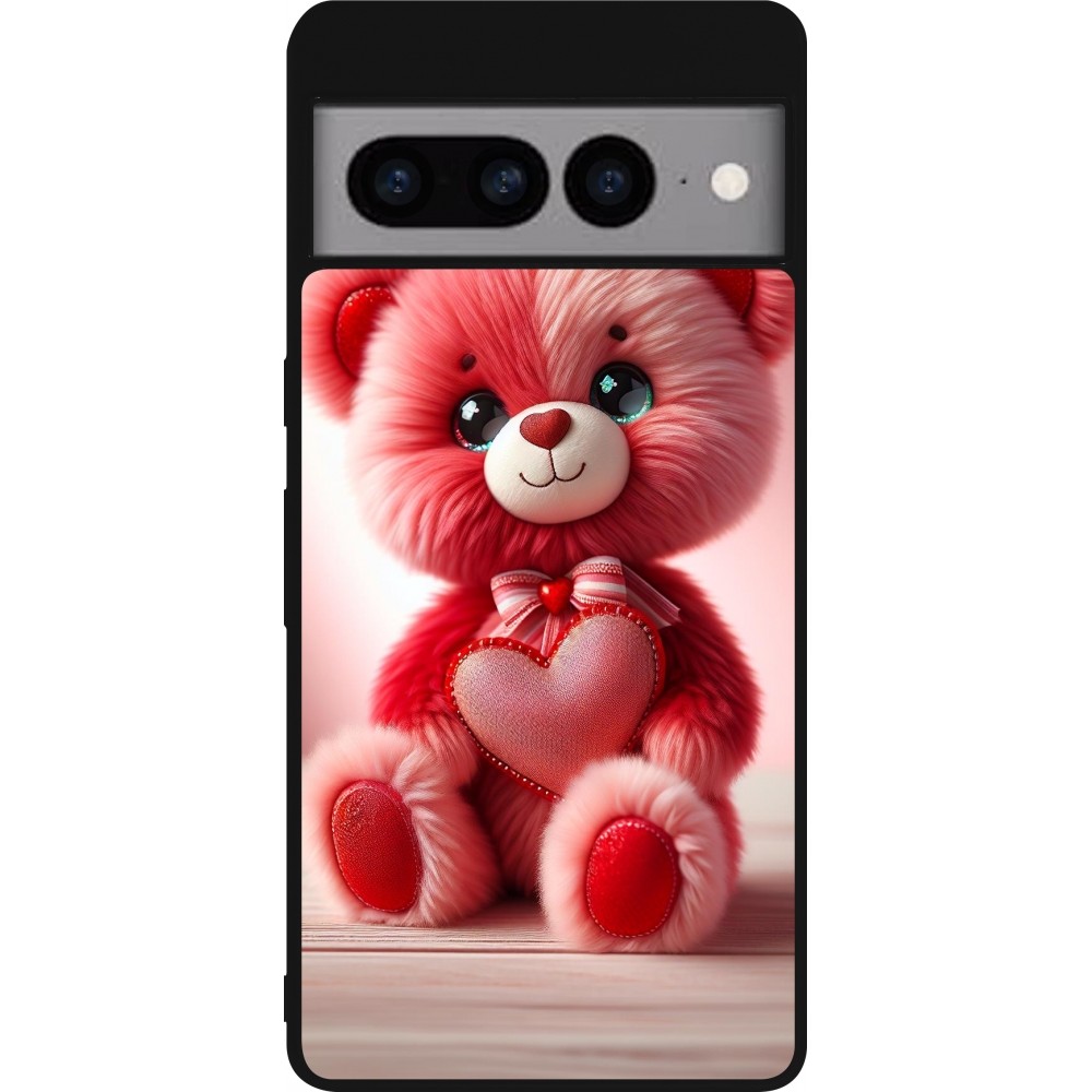 Coque Google Pixel 7 Pro - Silicone rigide noir Valentine 2024 Ourson rose