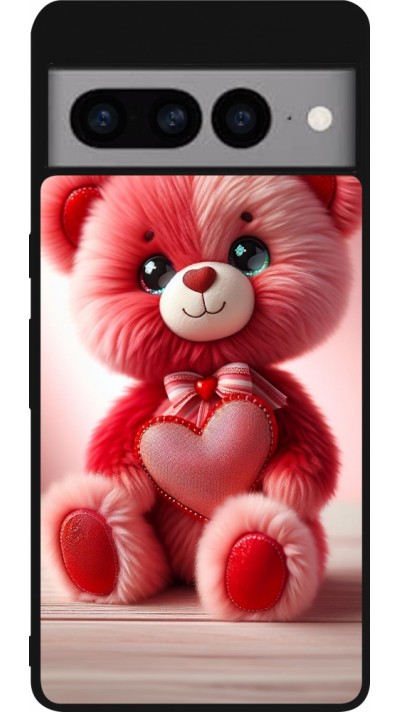 Coque Google Pixel 7 Pro - Silicone rigide noir Valentine 2024 Ourson rose