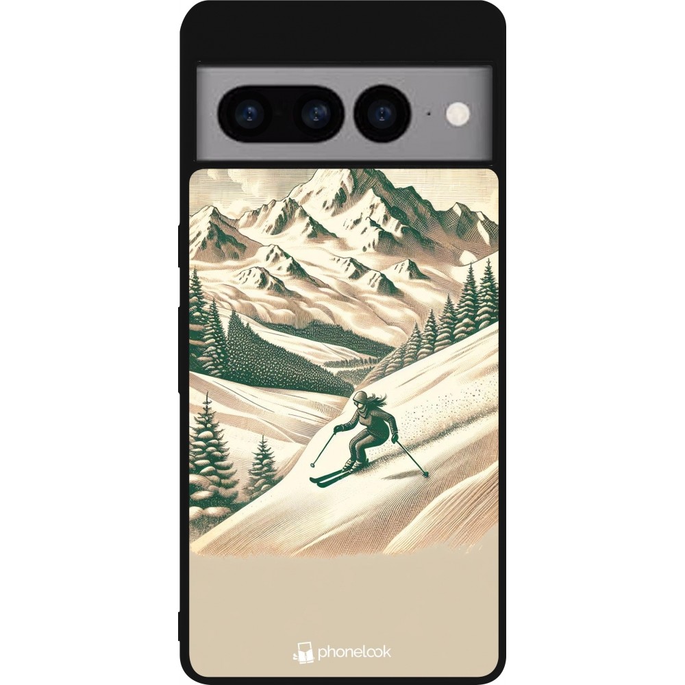 Coque Google Pixel 7 Pro - Silicone rigide noir Vintage Ski Mountain