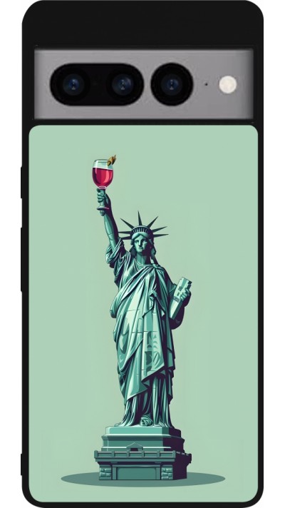 Coque Google Pixel 7 Pro - Silicone rigide noir Wine Statue de la liberté avec un verre de vin