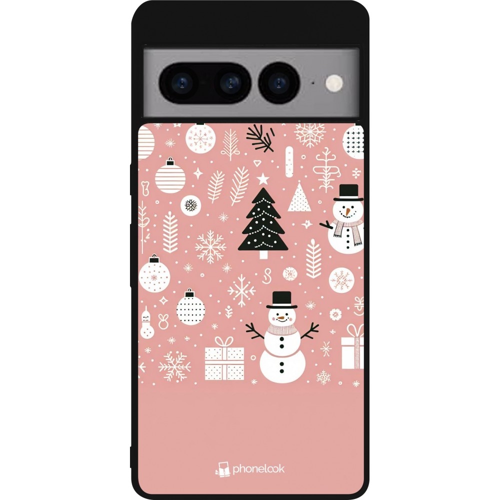 Coque Google Pixel 7 Pro - Silicone rigide noir Noël 2024 Rose Snowman Christmas