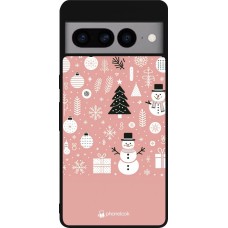 Coque Google Pixel 7 Pro - Silicone rigide noir Noël 2024 Rose Snowman Christmas