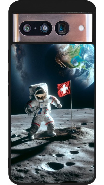 Coque Google Pixel 8 - Silicone rigide noir Astro Suisse sur lune