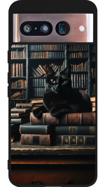 Google Pixel 8 Case Hülle - Silikon schwarz Katze Bücher dunkel