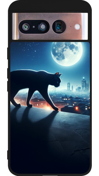 Coque Google Pixel 8 - Silicone rigide noir Chat noir sous la pleine lune