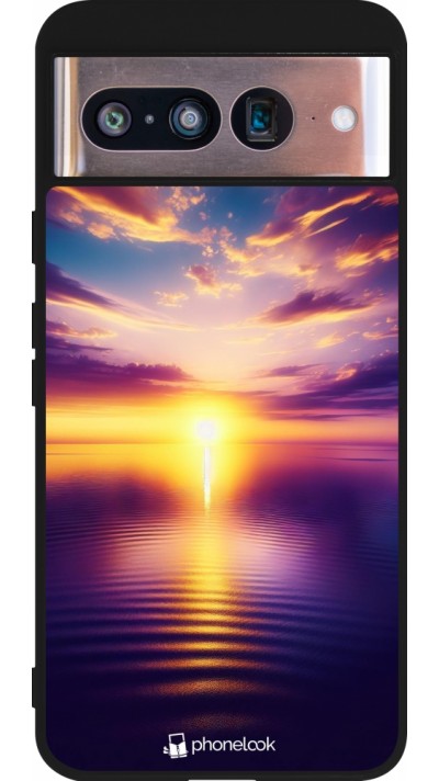 Coque Google Pixel 8 - Silicone rigide noir Coucher soleil jaune violet