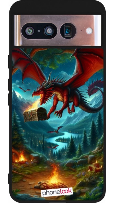 Coque Google Pixel 8 - Silicone rigide noir Dragon Volant Forêt Trésor
