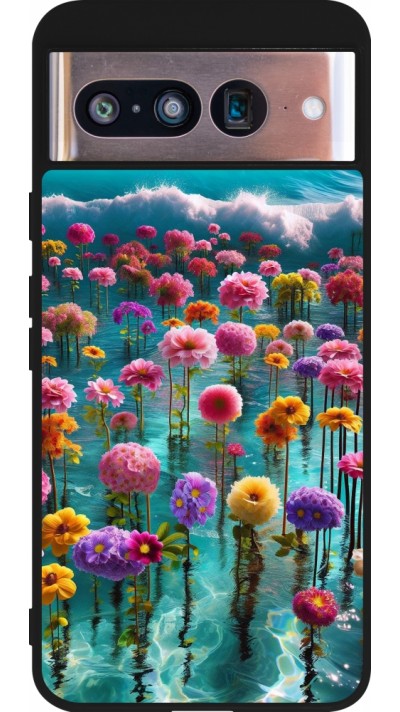 Google Pixel 8 Case Hülle - Silikon schwarz Blumenmeer Wellen