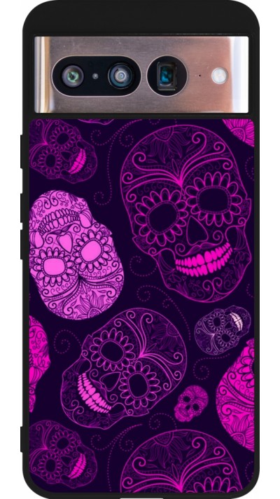 Coque Google Pixel 8 - Silicone rigide noir Halloween 2023 pink skulls