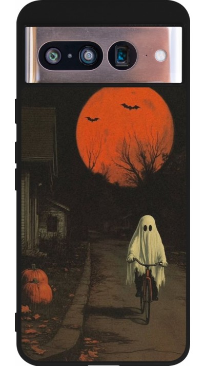 Coque Google Pixel 8 - Silicone rigide noir Halloween 2025 Ghost on a bicycle