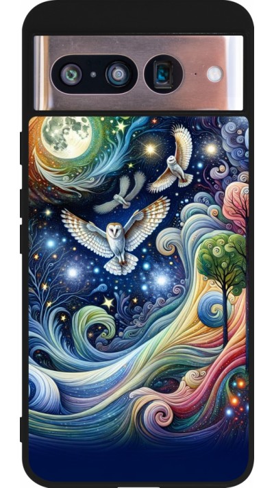 Coque Google Pixel 8 - Silicone rigide noir hibou volant floral