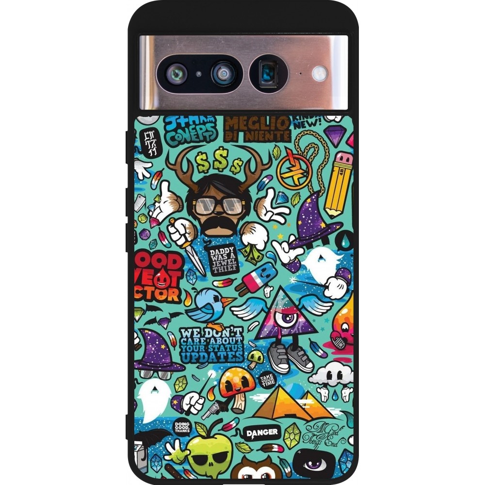 Coque Google Pixel 8 - Silicone rigide noir Mixed Cartoons Turquoise