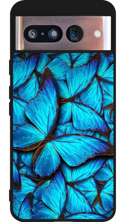 Coque Google Pixel 8 - Silicone rigide noir Papillon bleu