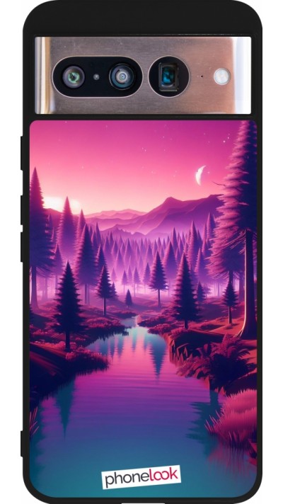 Coque Google Pixel 8 - Silicone rigide noir Paysage Violet-Rose