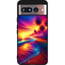Coque Google Pixel 8 - Silicone rigide noir Plage coucher soleil flashy