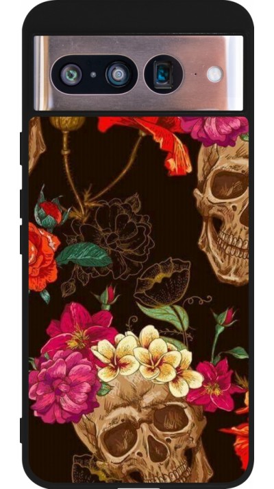 Google Pixel 8 Case Hülle - Silikon schwarz Skulls and flowers