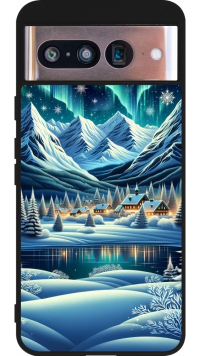 Coque Google Pixel 8 - Silicone rigide noir Snowy Mountain Village Lake night