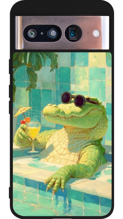 Coque Google Pixel 8 - Silicone rigide noir Crocodile in the swimming pool Summer 2026