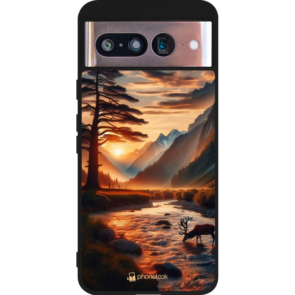 Coque Google Pixel 8 - Silicone rigide noir Valley Sunset Deer Tree