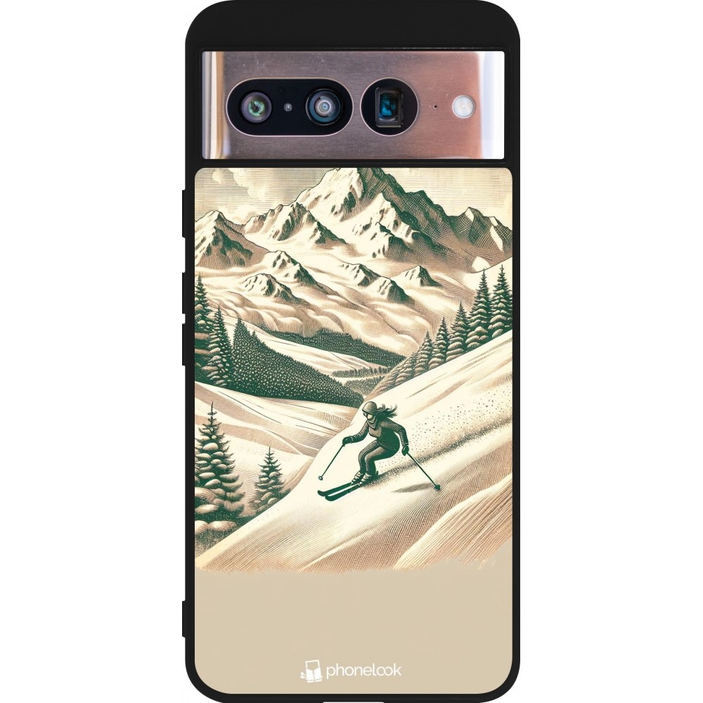 Coque Google Pixel 8 - Silicone rigide noir Vintage Ski Mountain