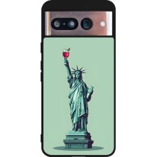 Coque Google Pixel 8 - Silicone rigide noir Wine Statue de la liberté avec un verre de vin