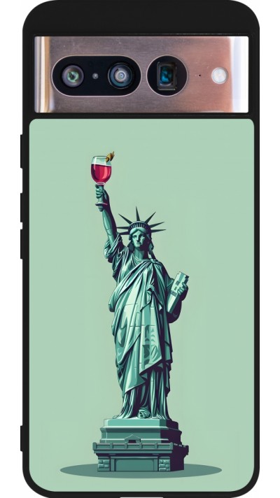 Coque Google Pixel 8 - Silicone rigide noir Wine Statue de la liberté avec un verre de vin