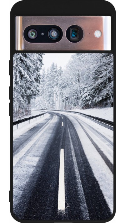 Coque Google Pixel 8 - Silicone rigide noir Winter 22 Snowy Road