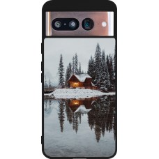 Coque Google Pixel 8 - Silicone rigide noir Winter 25 Winter house forest afternoon