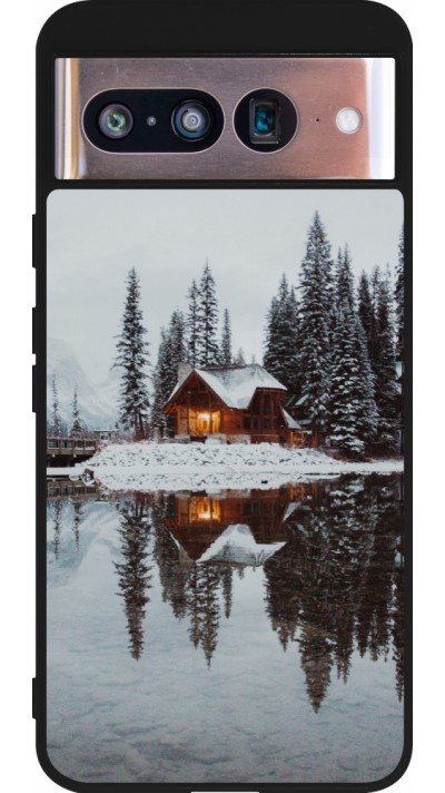 Coque Google Pixel 8 - Silicone rigide noir Winter 25 Winter house forest afternoon