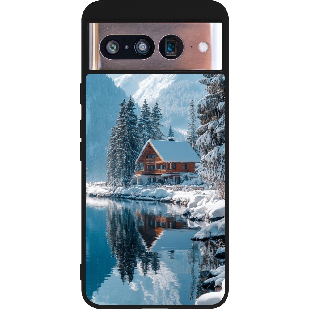 Coque Google Pixel 8 - Silicone rigide noir Winter 25 Winter house forest day