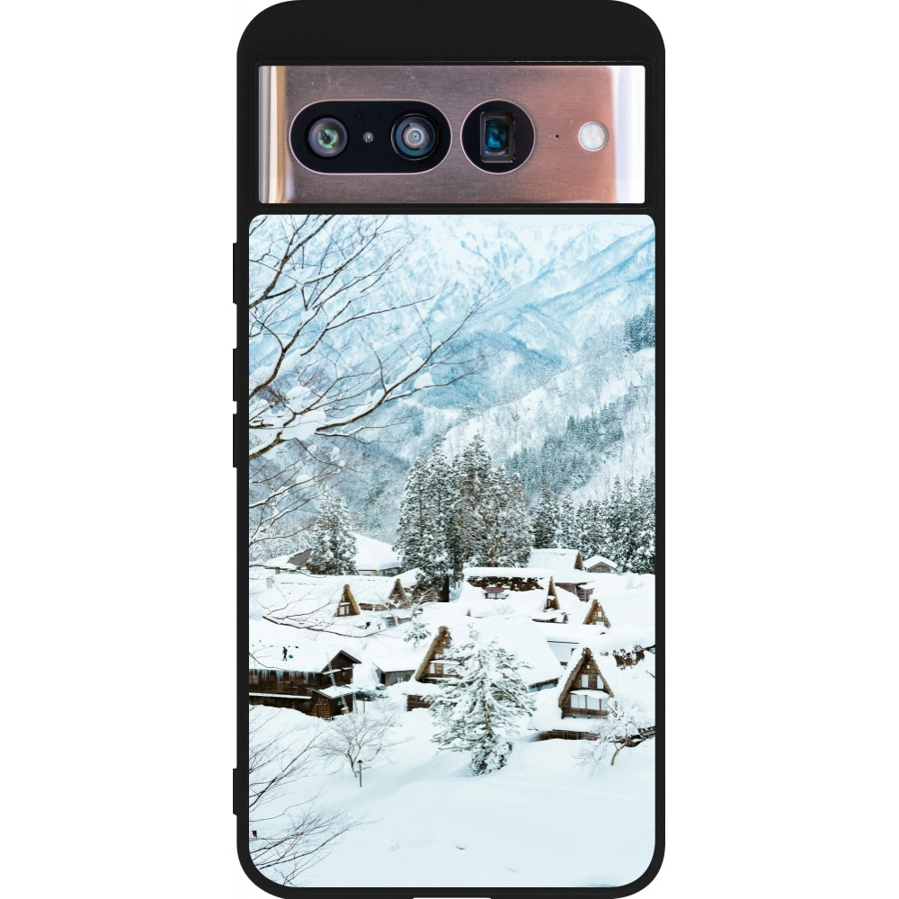 Coque Google Pixel 8 - Silicone rigide noir Winter 25 Winter snowy landscape
