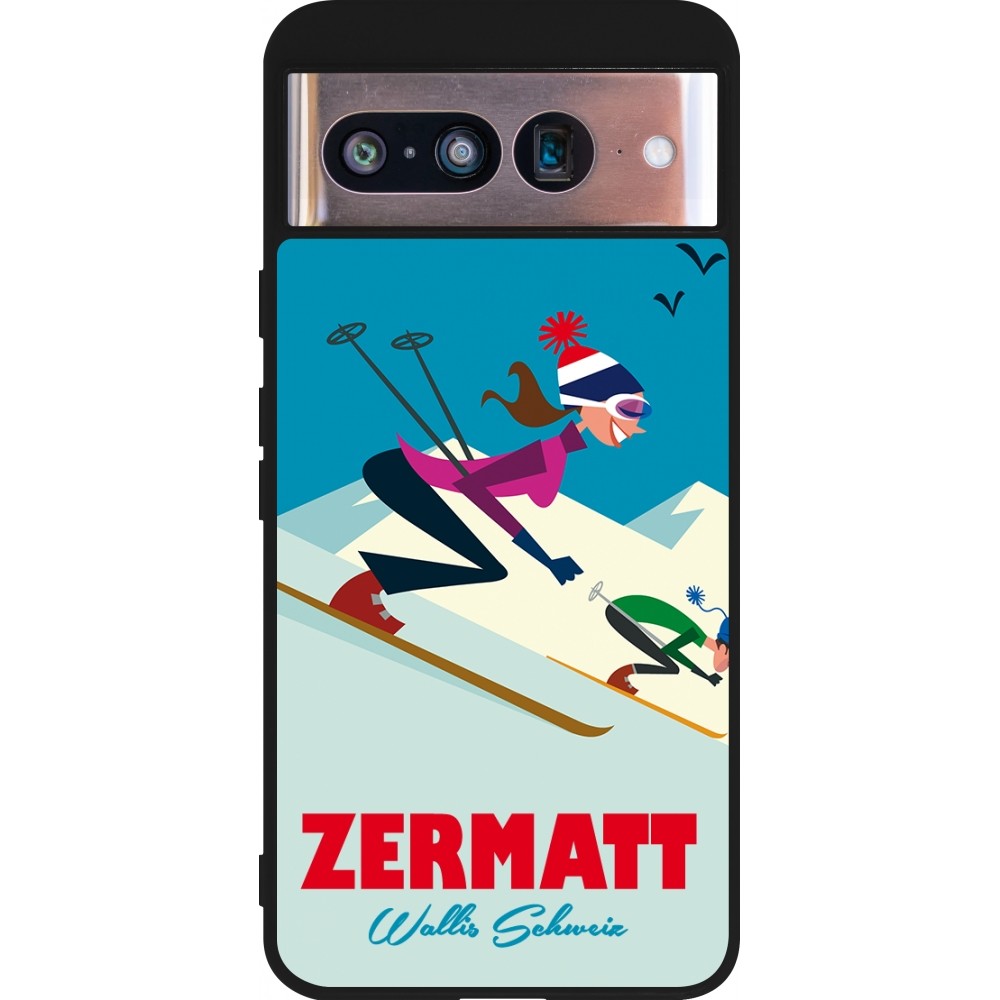 Coque Google Pixel 8 - Silicone rigide noir Zermatt Ski Downhill
