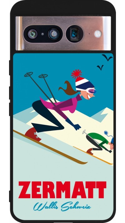 Coque Google Pixel 8 - Silicone rigide noir Zermatt Ski Downhill