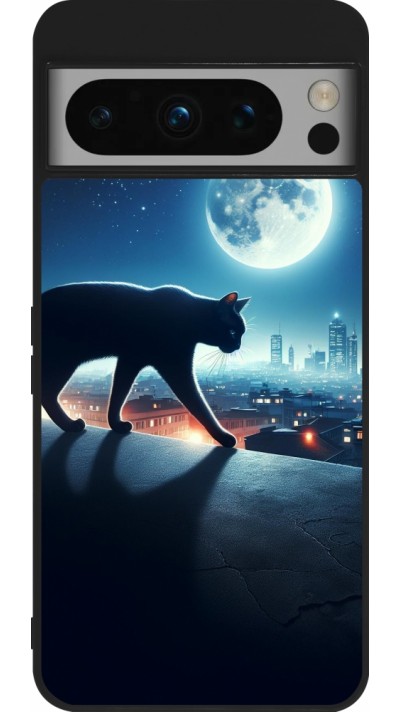 Coque Google Pixel 8 Pro - Silicone rigide noir Chat noir sous la pleine lune