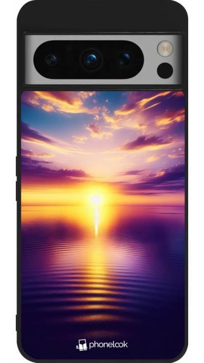 Coque Google Pixel 8 Pro - Silicone rigide noir Coucher soleil jaune violet