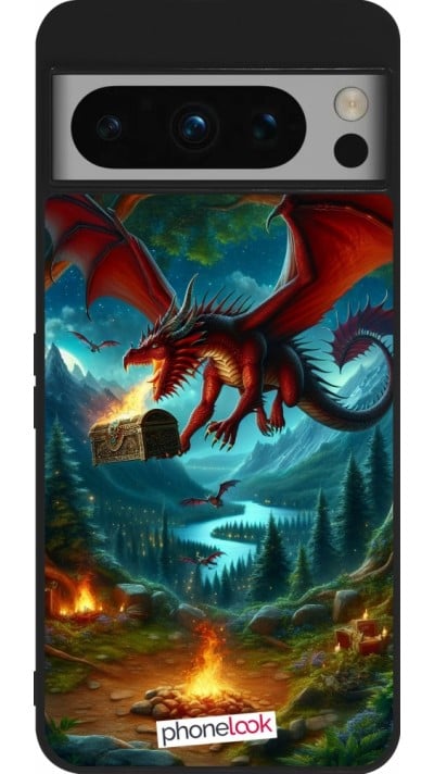 Coque Google Pixel 8 Pro - Silicone rigide noir Dragon Volant Forêt Trésor