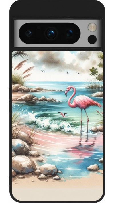 Coque Google Pixel 8 Pro - Silicone rigide noir Flamant rose aquarelle
