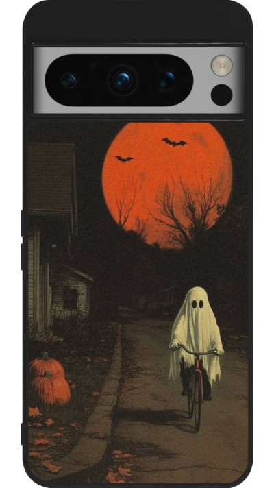 Coque Google Pixel 8 Pro - Silicone rigide noir Halloween 2025 Ghost on a bicycle