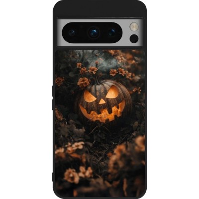Coque Google Pixel 8 Pro - Silicone rigide noir Halloween 2025 Pumpkin with flowers