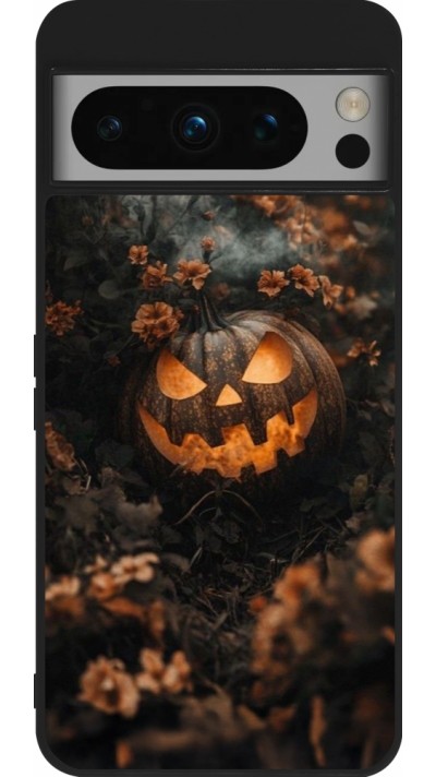 Coque Google Pixel 8 Pro - Silicone rigide noir Halloween 2025 Pumpkin with flowers