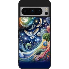 Coque Google Pixel 8 Pro - Silicone rigide noir hibou volant floral