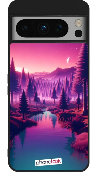 Coque Google Pixel 8 Pro - Silicone rigide noir Paysage Violet-Rose