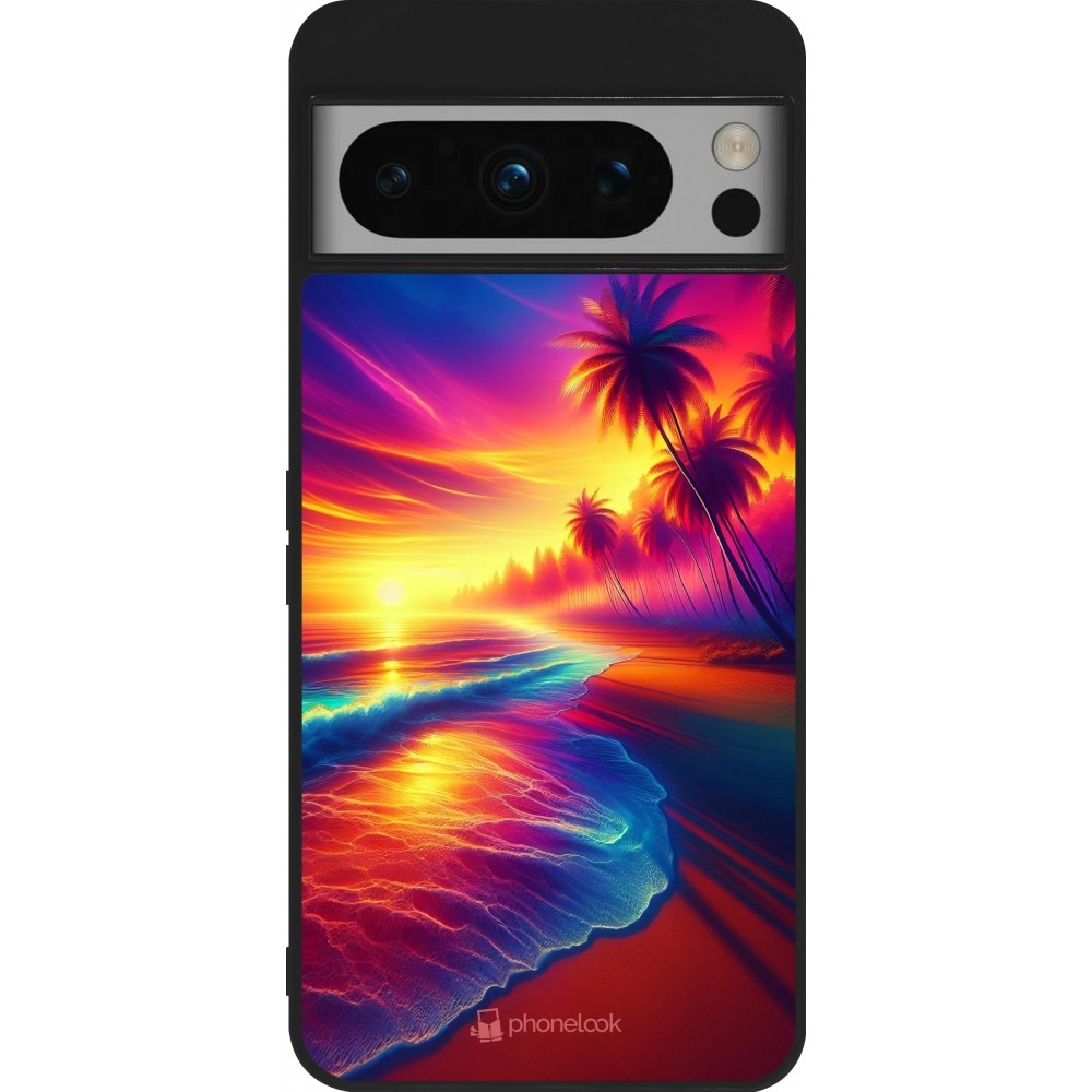 Coque Google Pixel 8 Pro - Silicone rigide noir Plage coucher soleil flashy