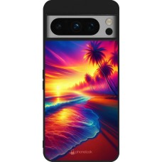 Coque Google Pixel 8 Pro - Silicone rigide noir Plage coucher soleil flashy