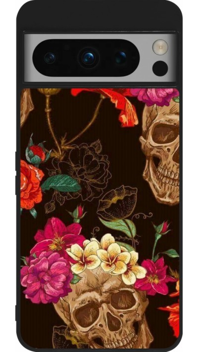 Google Pixel 8 Pro Case Hülle - Silikon schwarz Skulls and flowers